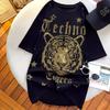 Plus Size Rhinestone Tiger Head Short Sleeve T-shirt, Women’s Black Top with Wing Design