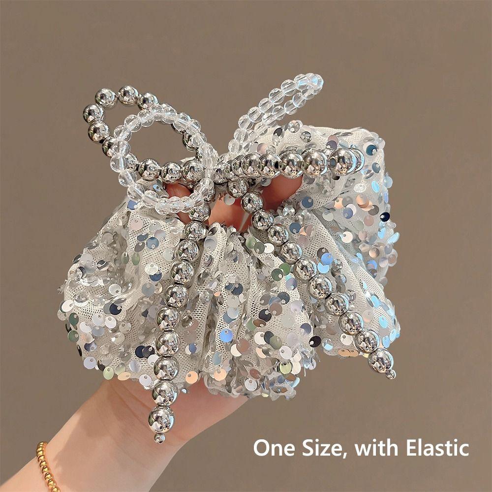 Silver Elastic Hair Tie Beaded Hair Bands 2025 New Bowknot Hair Scrunchie  for Women Girls