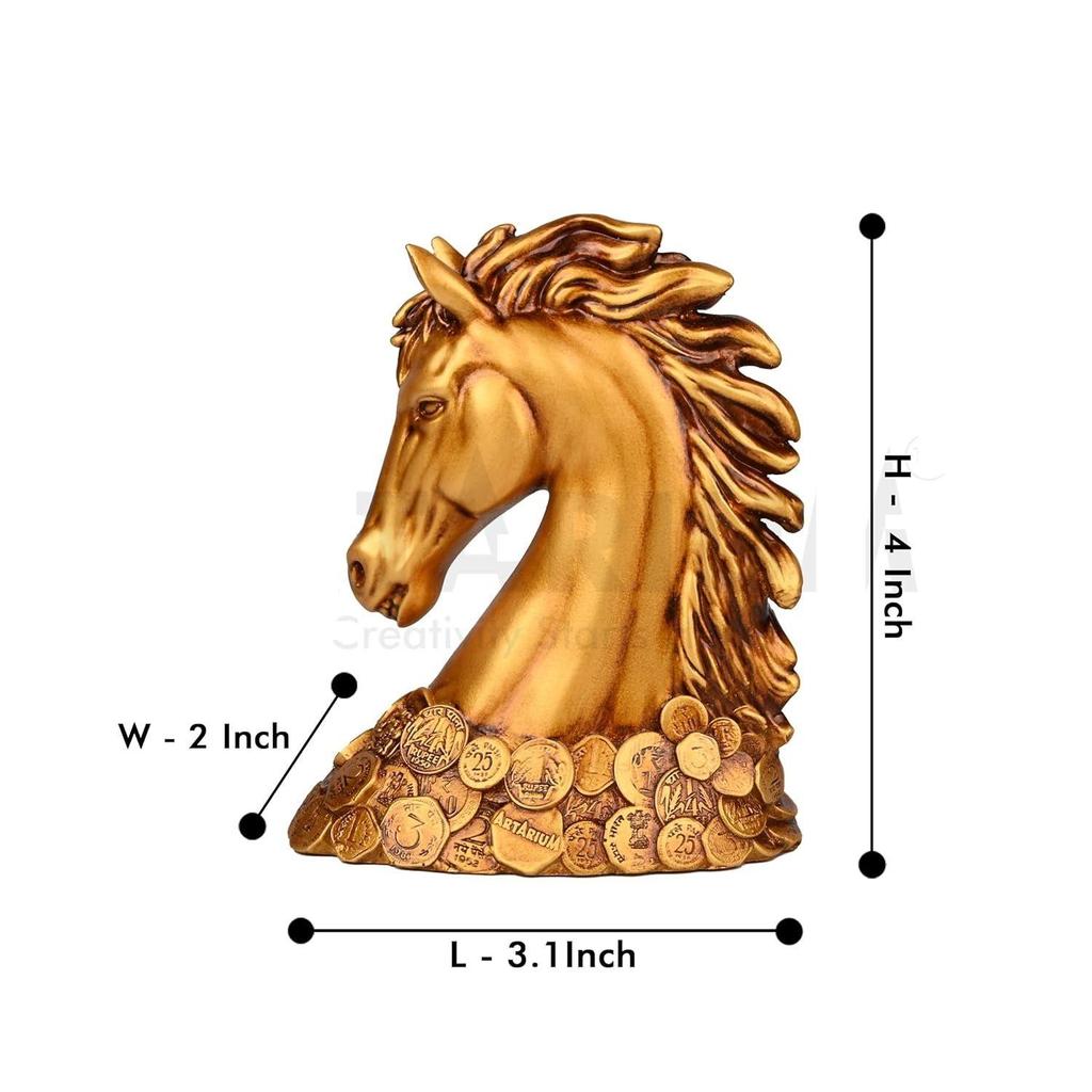 Coin Horse Head Horse Showpiece Vastu Horse Idol Good Luck Resin Horse Statue Feng Shui Horse for Car Dashboard Home Decor