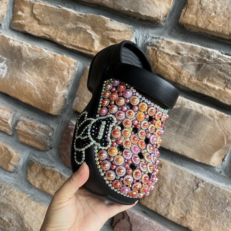 Fashion Summer Bear Decoration Thick Bottom Handmade Inlaid Pearl Sandals  New Pink and Blue Sweet Girl Beach Hollow  Out Slippers 40-41