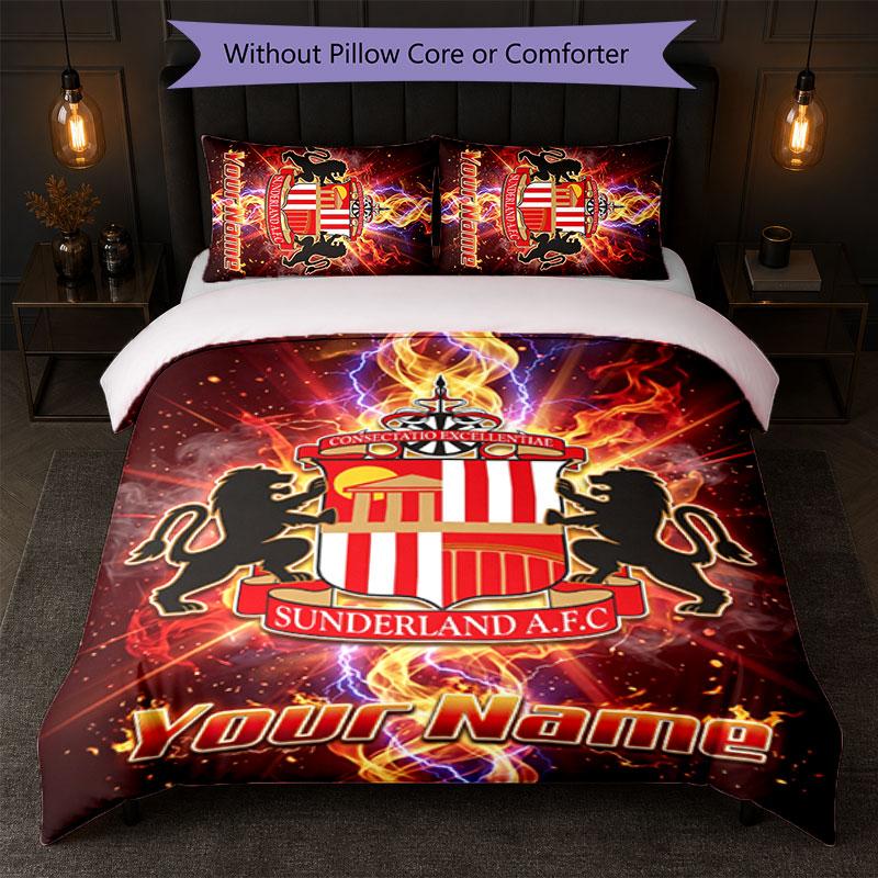 Set Biancheria da Letto Personalizzato Sunderland FC con Nome Testo 1 Copripiumino+2 Federe Logo Calcio Regalo Personalizzato per Occasione Speciale Decorazione Camera da Letto