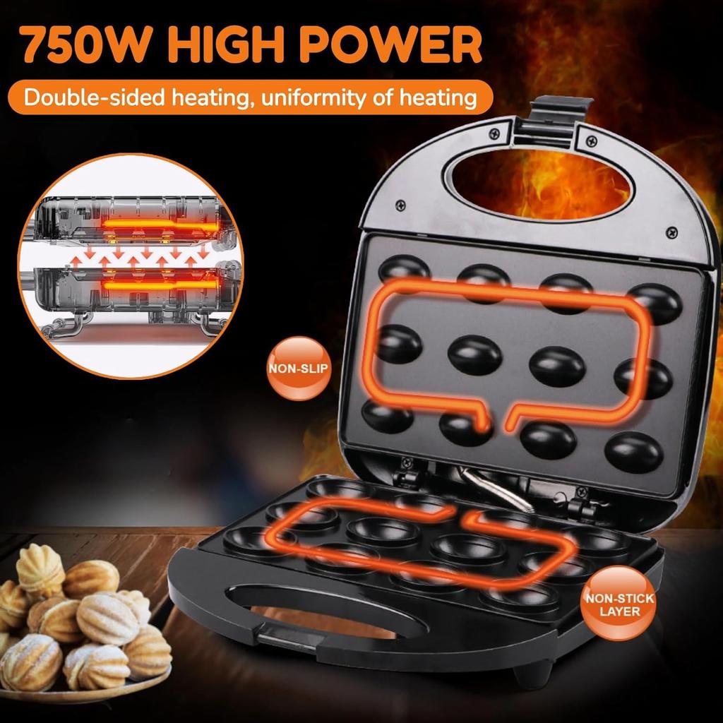 Walnut Cookie Maker 12 Holes, Electric Walnut Cake Mold Maker, Non Stick Oreshki Cookies Maker, Double-side Heating Mini Nut Cookies Maker Machine
