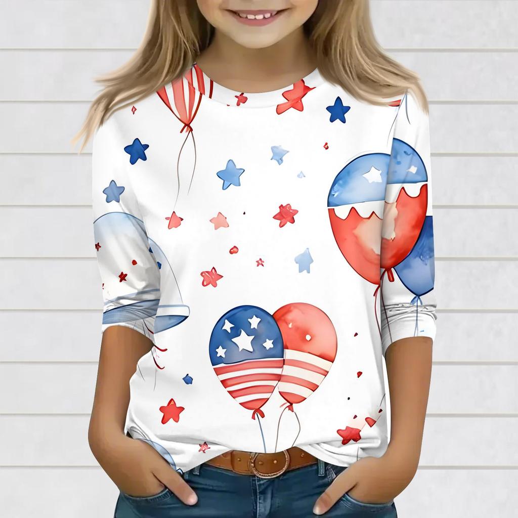 Print Tops For Youth Girls 3-10 Years Round Neck 3/4 Sleeves T-Shirts Trendy Tops Outfit Tees
