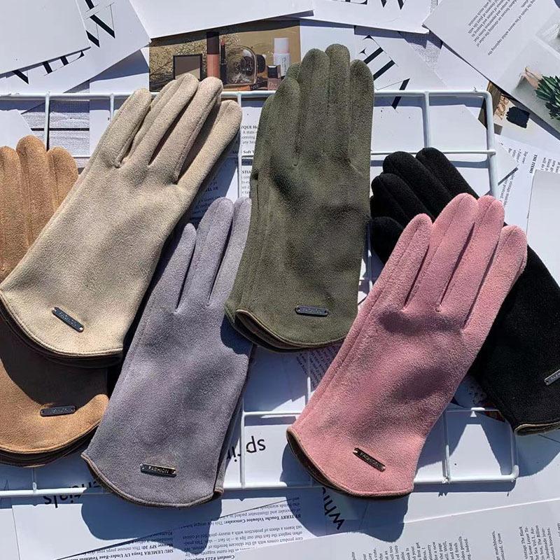 Suede Thermal Gloves Fleece Thickened Driving Gloves Outdoor Sports Touch Screen Split-Finger Gloves Women