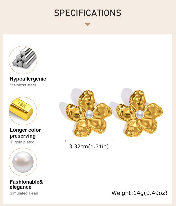 Flower Earrings Studs for Women Nickel Free, Chunky Stainless Steel Personality Big Pearl Floral Stud Earring Christmas Gift