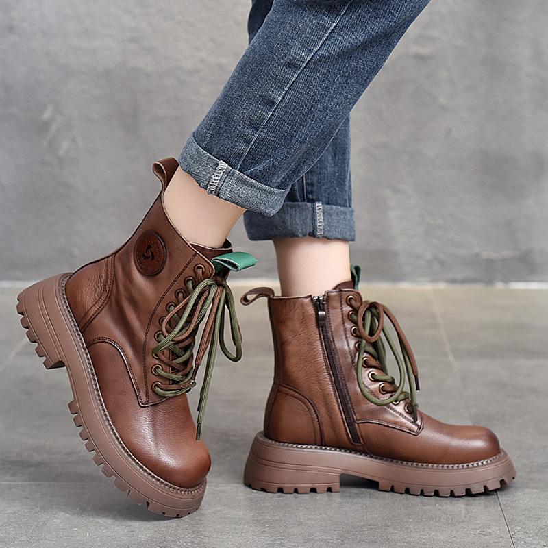 First-layer cowhide British wind locomotive boots round head thick-soled versatile short boots women's autumn and winter high-top Martin boots women's