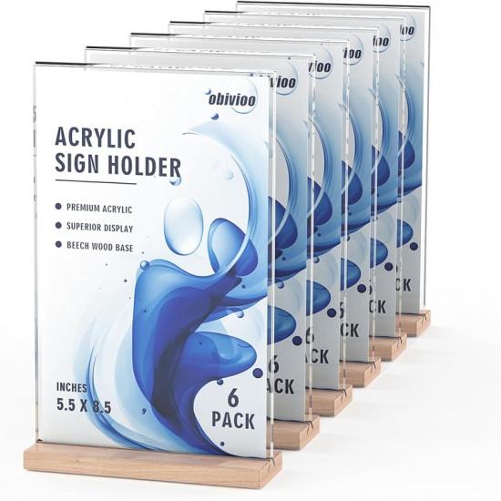 Acrylic Sign Holder 5.5x8.5 with Wood Base, Clear T shape Table Display Stands for Office, House, Store, Restaurants, and Event use, Double side