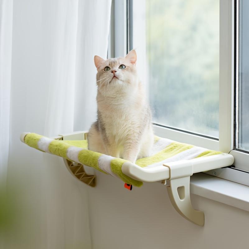 Luxury Window Mount Cat Hammock - Striped Green and White, Removable Cushion, Sturdy Plastic Frame, Comfortable All-Season Cat Nest