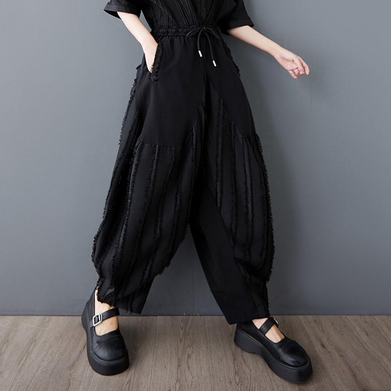 Plus Size Black Vintage Stripe Patchwork High Waist Casual Loose Summer Harem Pants Women Trousers