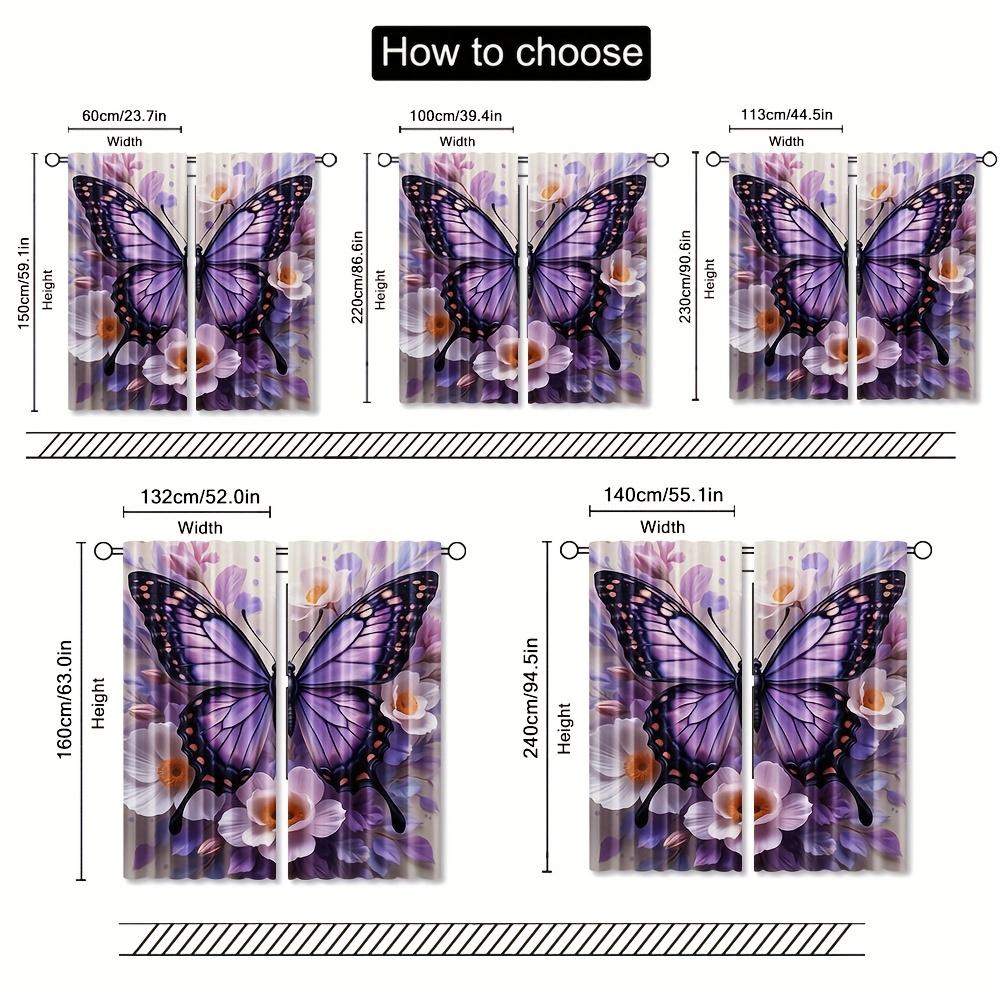 2pcs Purple Butterfly & Floral Print Curtains - Light Filtering Polyester Rod Pocket Design   Contemporary Style for Bedroom   Liv