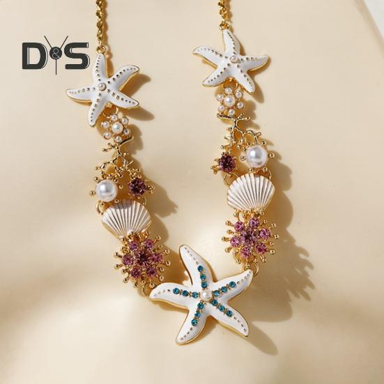 Exaggerated Women Necklace Ocean Theme Starfish Coral Shell Hollow Out Faux Pearl Rhinestone Decor Adjustable Length Lady Vacation Beach Neck Jewelry