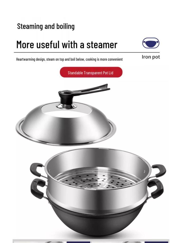 Robuster gusseiserner Wok mit zwei Griffen für Induktionskochfelder - Große Pfanne mit flachem Boden zum Braten.