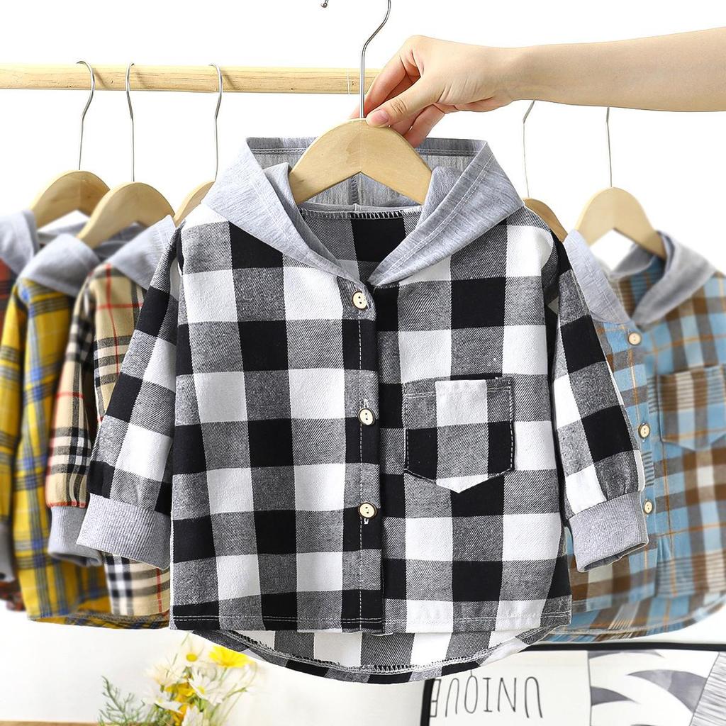 Plaid Hooded Kids Shirt Young Children’s Long Sleeve Blouse Boy Girl Casual Outerwear