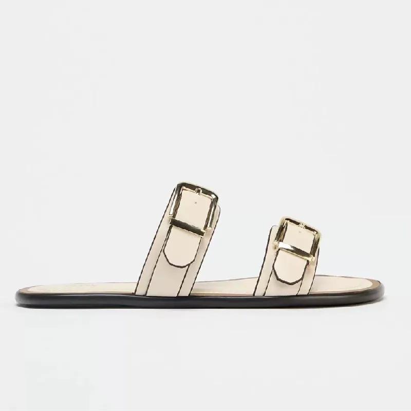 Fashion Comfortable Beige Soft Leather Flat Sandals Women Fashion Metal Buckle Designer Shoes Summer Sexy Open Toe Non Slip Beach Shoes