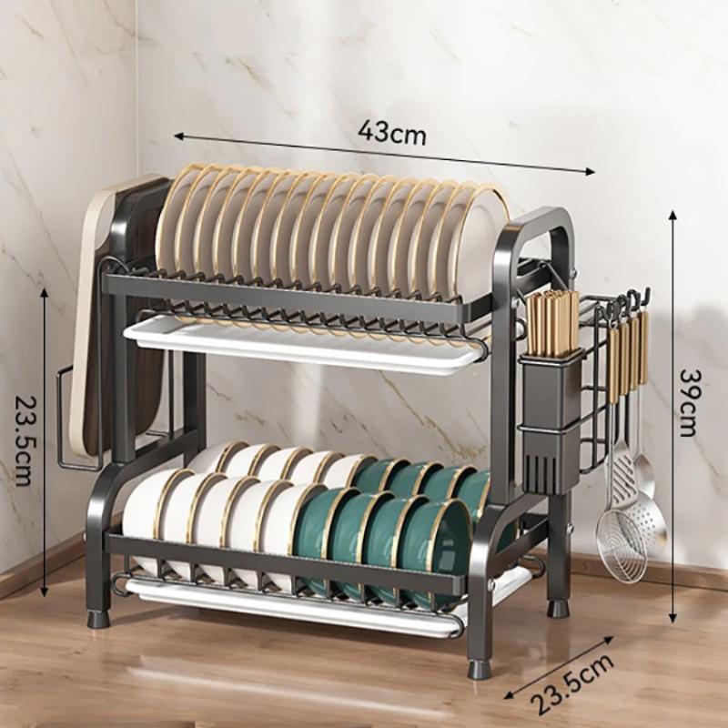 2 Tier Dish Drying Rack Compact Kitchen Dish Rack Rust-Proof Carbon Steel Dish Drainer Drainboard Tableware Water Filter Rack