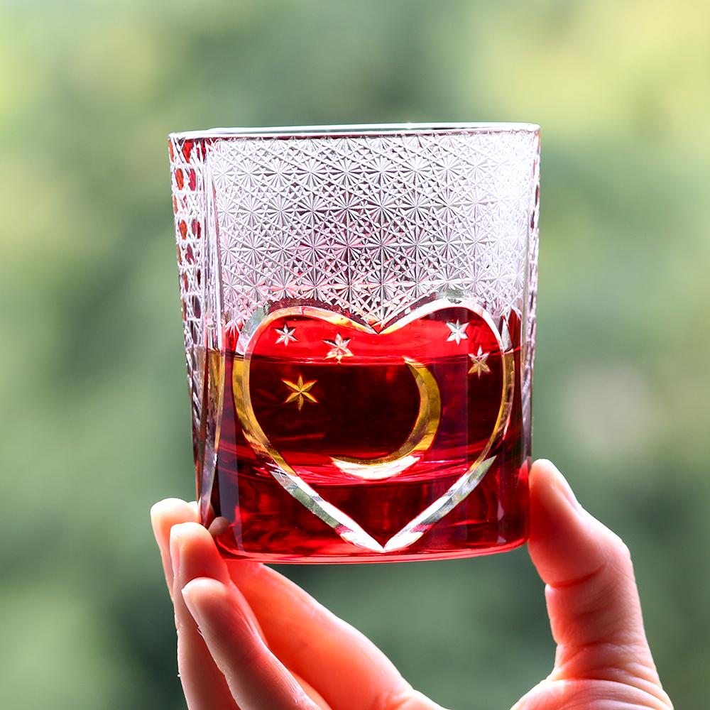240ml Classic Handmade Edo Kiriko Whiskey Glass Tumbler with Rose Design Japanese Style Red Blue Cocktail Cup with Gift Box