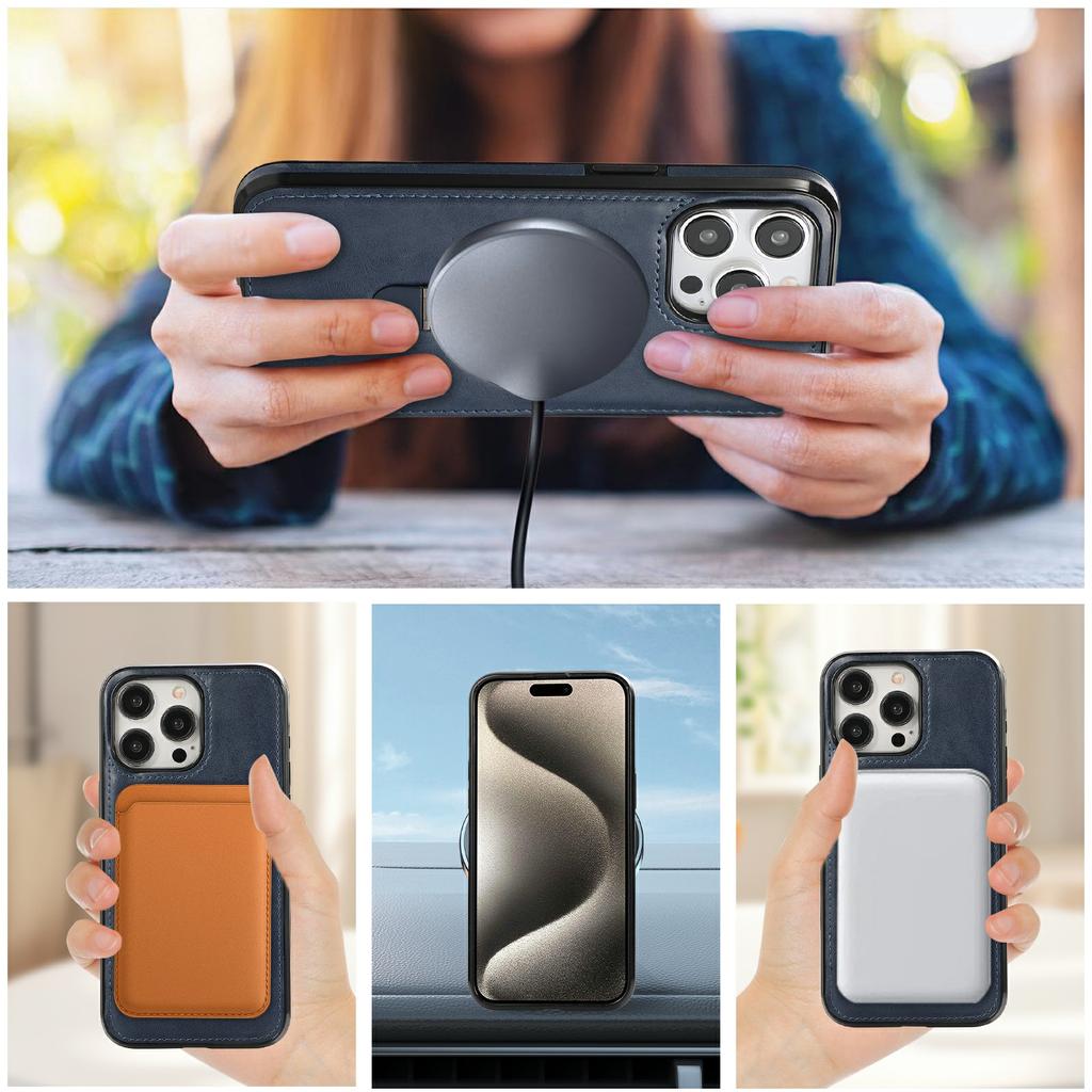For iPhone 15 Pro Case Magnetic Kickstand PU Leather Coated PC+TPU Phone Cover