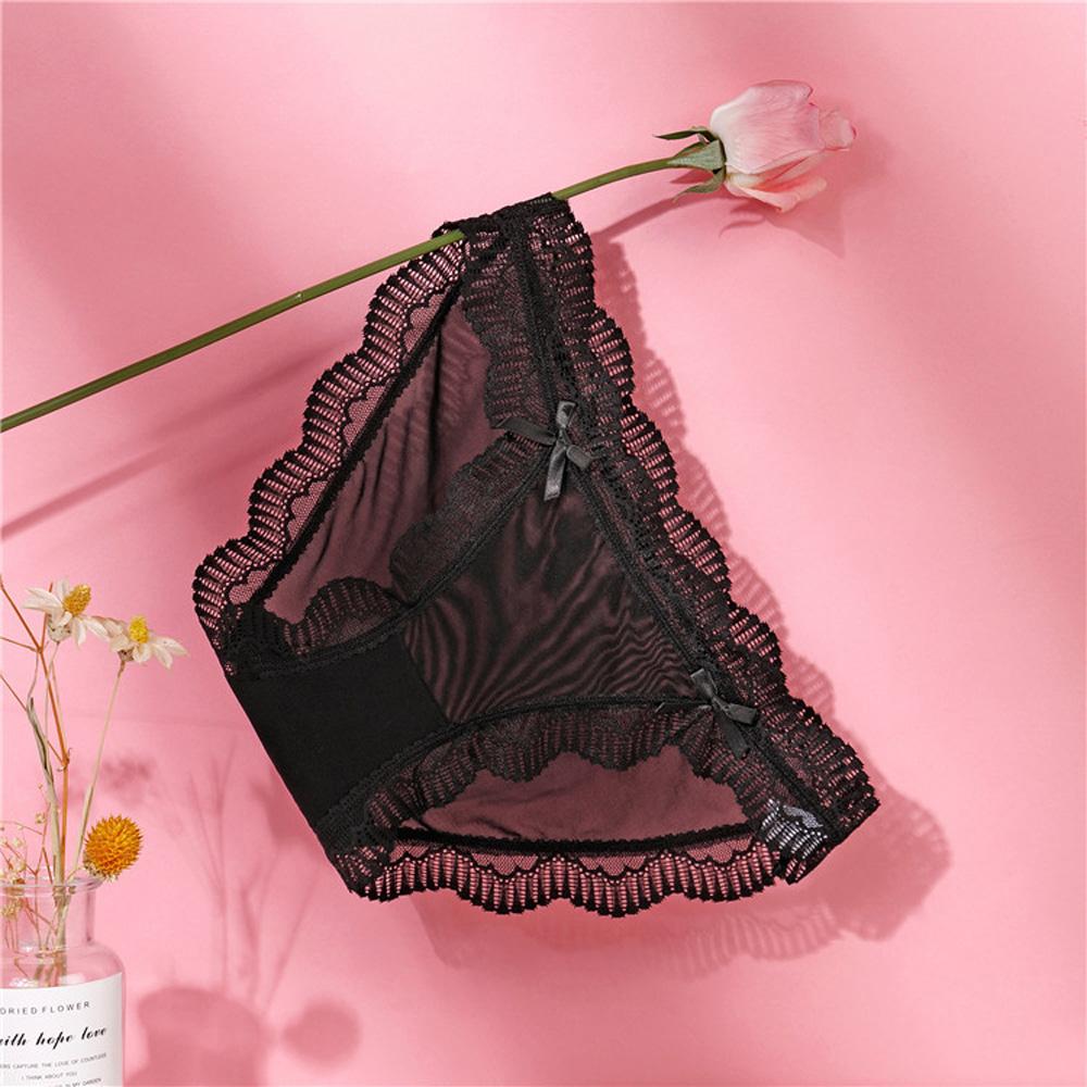 Women Mid‑Low Waist Sheer Mesh Panties Scalloped Lace Trim Double Bows Decor Soft Breathable Sweet Ladies Briefs Underwear Lingerie