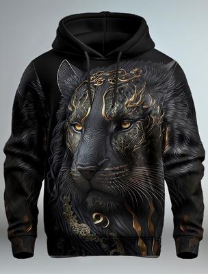 Grafik Aslan Erkek Moda 3D Baskılı Kapüşonlu Sweatshirt Sokak Giyimi Kapüşonlu Sweatshirt Uzun Kollu Kapüşonlu Baskılı Ön Cep Bahar Kapüşonlu Sweatshirt
