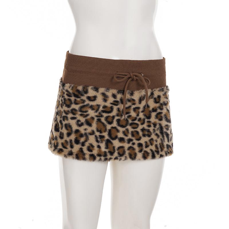 Y2K Leopard Patchwork Lace-Up Mini Skirt with Waistband