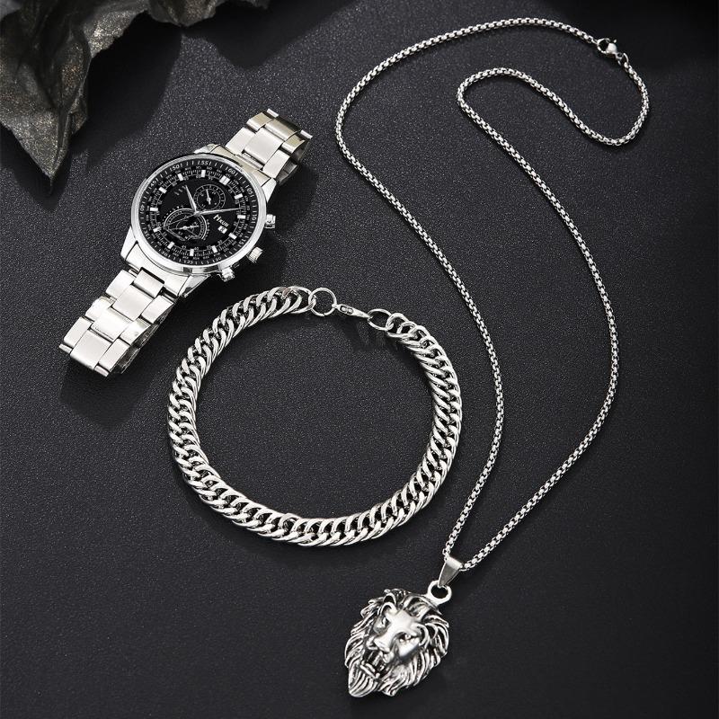 1SET New Fashion Trend Business Men's Versatile Steel Belt Quartz Watch Bracelet Lion Necklace Set
