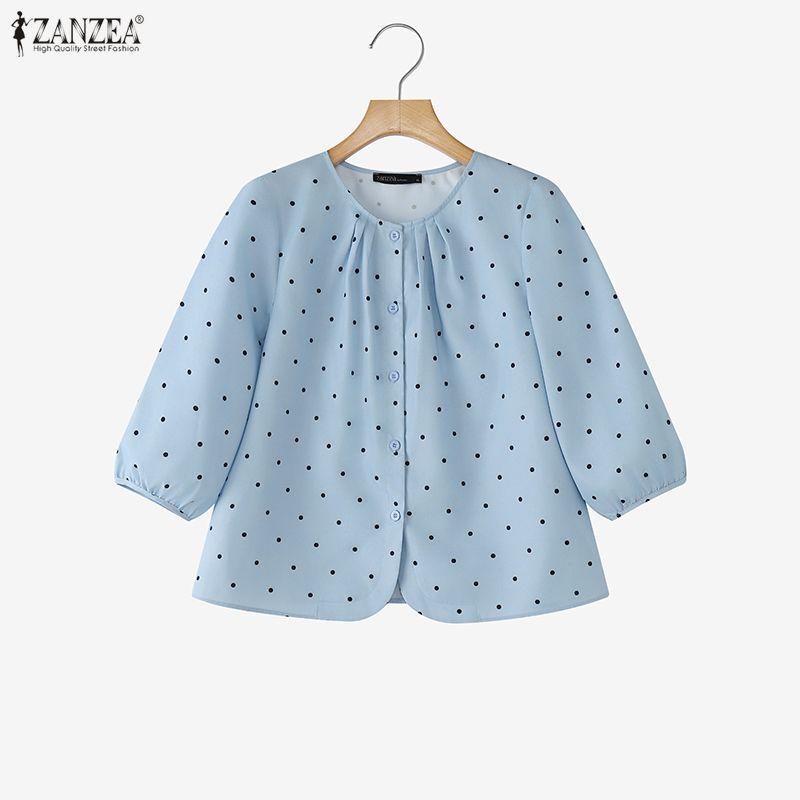 ZANZEA Women Casual Round Neck 3/4 Sleeve Loose Polka Dot Print Blouse