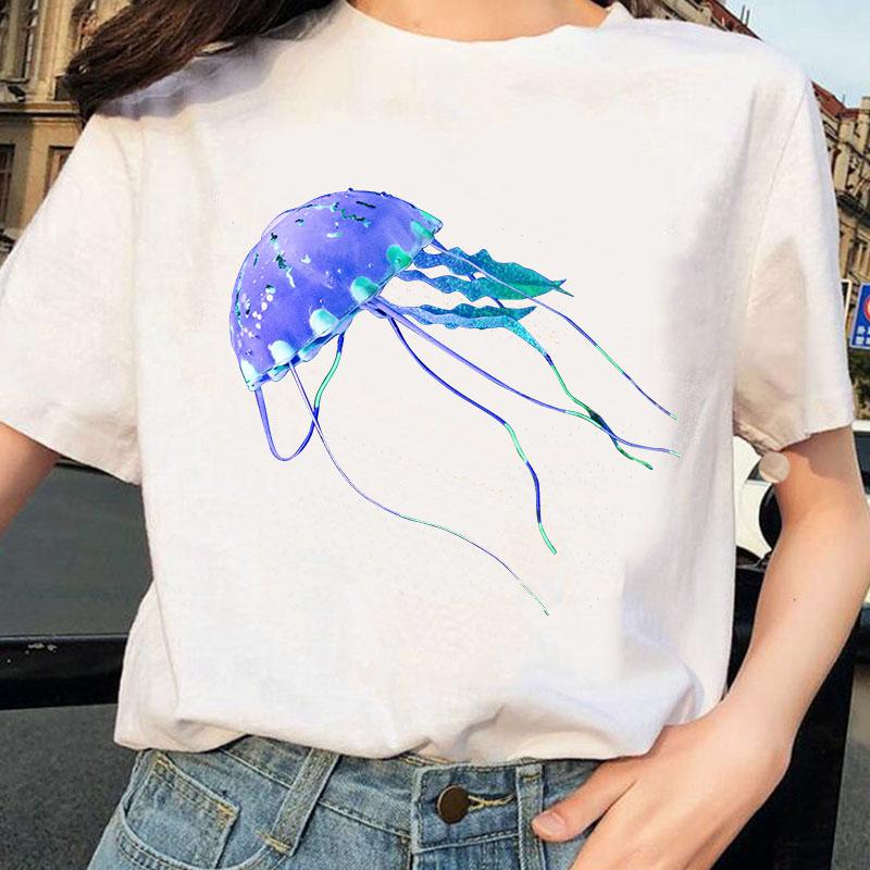 Aquarell Quallen Design T-Shirt Damen Druck Harajuku T-Shirt O-Ausschnitt Damen Shirt Ärmel Damen Grafik Damen T-Shirt