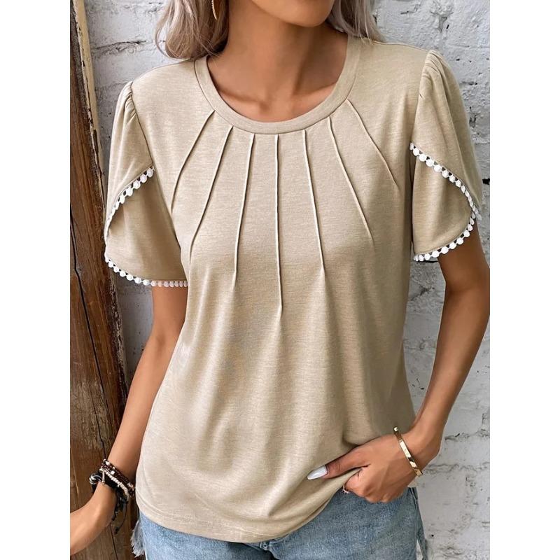 Women's Fashion Casual Solid Color Print Short Sleeve O Neck Blouses & Shirts