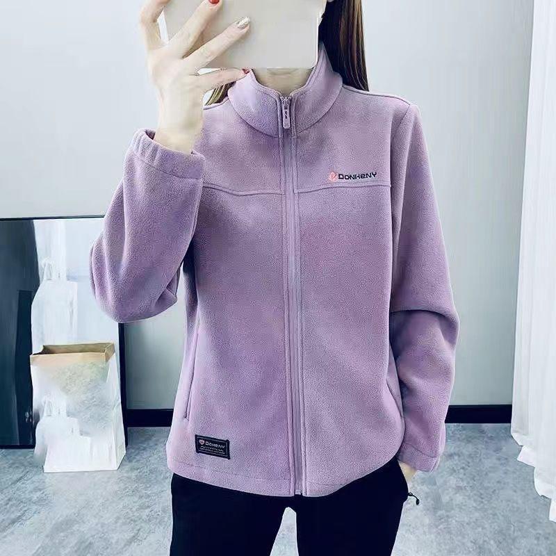 

Женская куртка из полар-флиса, осенне-зимнее теплое пальто большого размера, утепленная верхняя одежда, спортивная куртка с воротником, холодная женская куртка оверсайз L фиолетовый