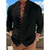 Camicia da uomo in cotone e lino, stile retrò, taglie forti, tinta unita, a maniche lunghe, con bottoni e collo alto, primavera autunno, all'aperto