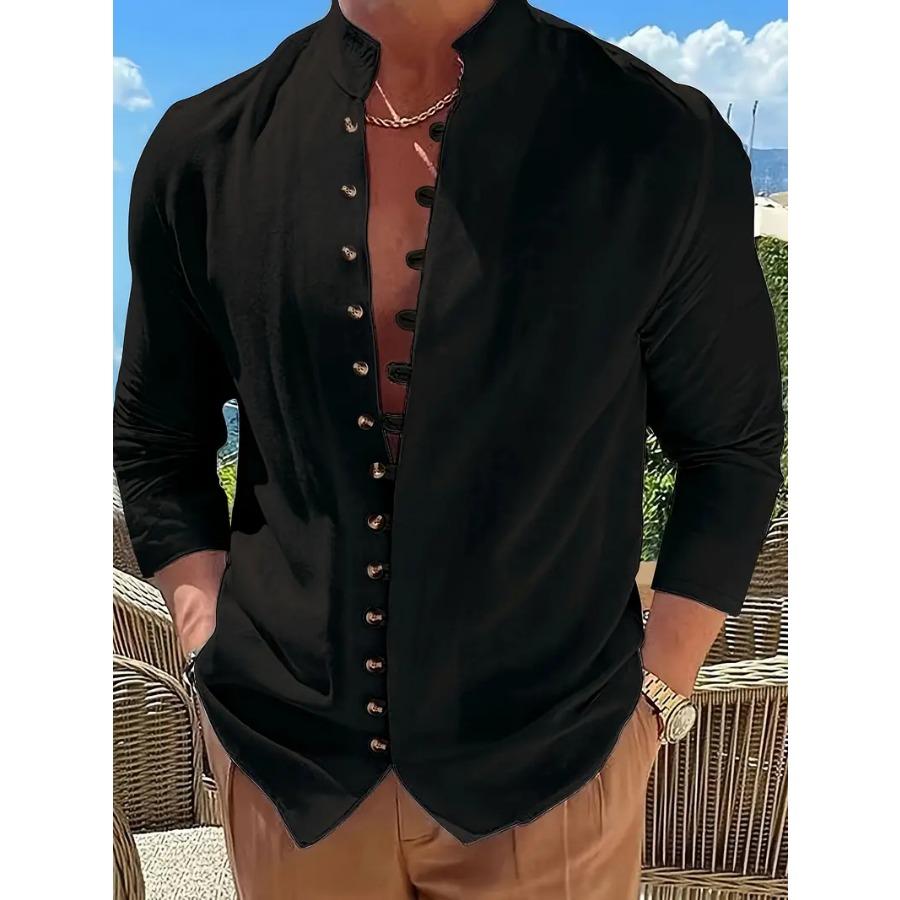 Camicia da uomo in cotone e lino, stile retrò, taglie forti, tinta unita, a maniche lunghe, con bottoni e collo alto, primavera autunno, all'aperto