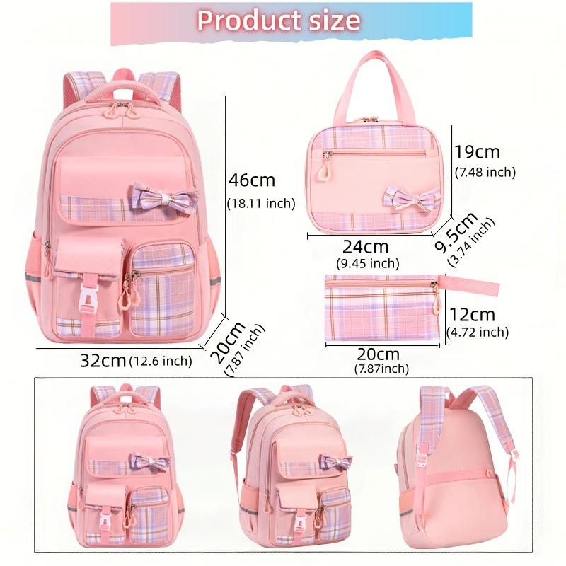 3pcs/set School Backpack for Girls Bookbag Elementary Middle School Bags Student Cute Plaid Backpack with Lunch Bag Pencil Bag