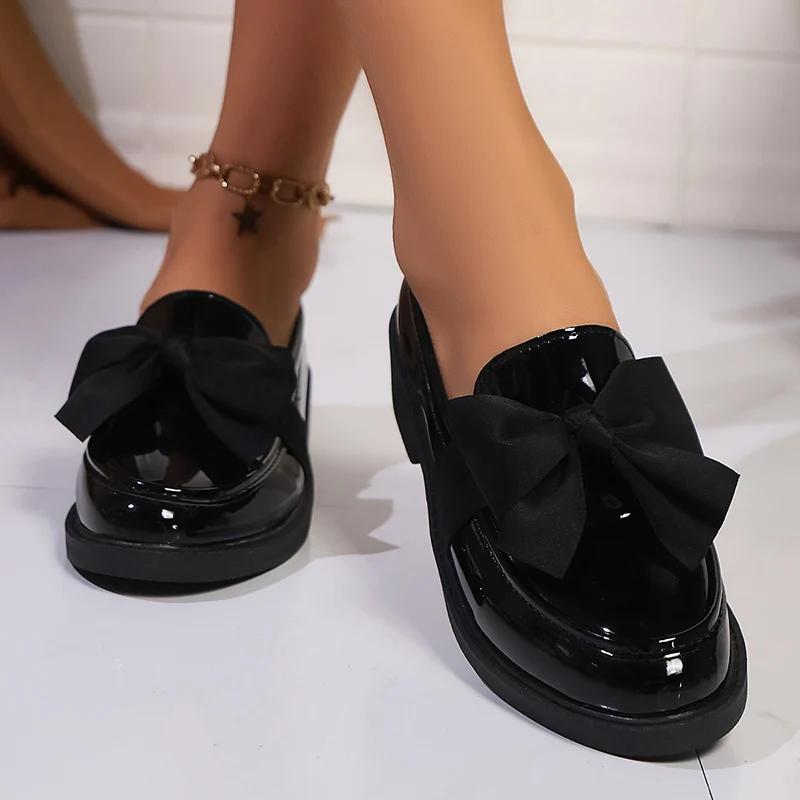 Fashion 2025 Spring Black Bow Tie Loafers Women Preppy Platform Thick Sole Pumps Lady British Retro Style Office Pu Leather Shoes Mujer