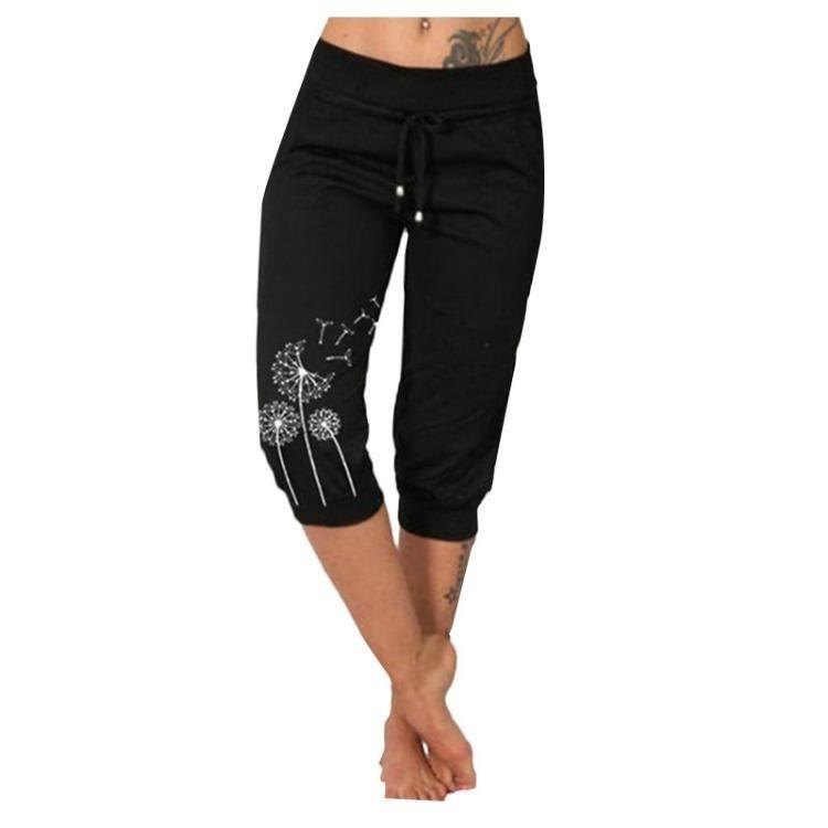 Women High Waist Casual Printed Yoga Pants Drawstring Seventh Pants Qunide