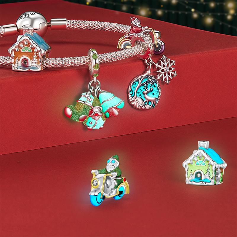 WOSTU 925 Sterling Silver Luminous Christmas House Charms Santa Claus Bead Glow In Dark Xmas Pendant Fit DIY Bracelet Necklace