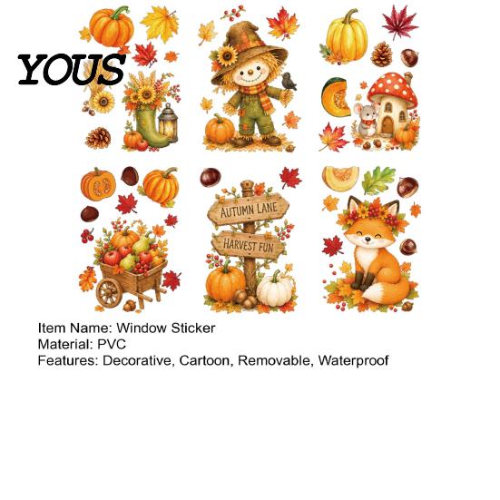 Holiday Window Decals for Glass 6 Sheets Autumn Harvest Stickers, Thanksgiving Cartoon Static Cling Decorations with Fall Art Pumpkins Maple