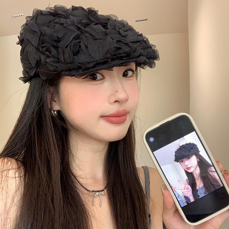 Korean Spring/Summer Niche High-End Rose Flower Beret for Women, Vintage Stylish Beret, Painter's Hat