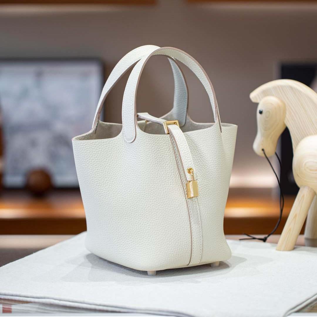 Borsa Tote Picotin18 a Mezzo Manico in Pelle Bovina di Primo Strato Cento Stili Classica Borsa da Donna Borsa a Mano 18cm bianco