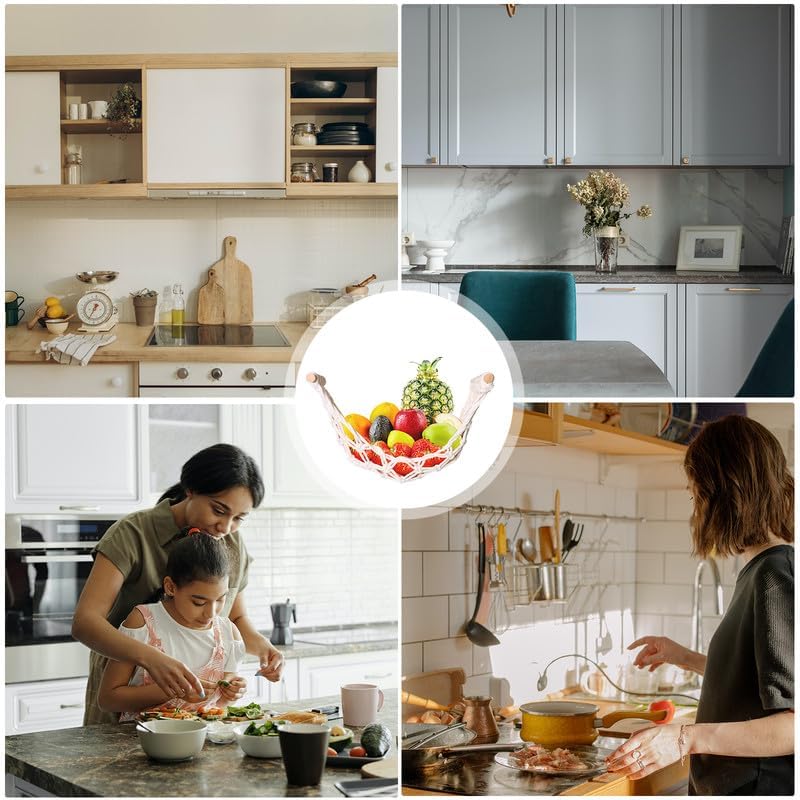 Fruit Basket Hammock Under Cabinet Adhesive, Woven Vegetable Hanging Basket, Fruit Storage for Kitchen with Banana Hook, Mesh Fruits Holder Organizati
