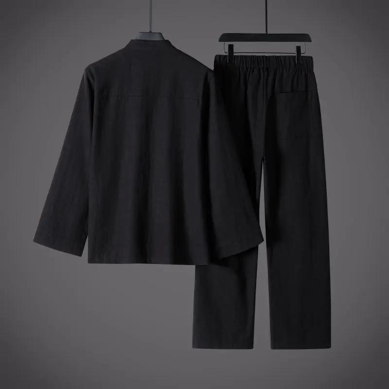 Chinese Style Cotton Linen Men Two Piece Set Men Mandarin Collar Frog Button Tang Suits Loose Casual Breathable Autumn Outfit