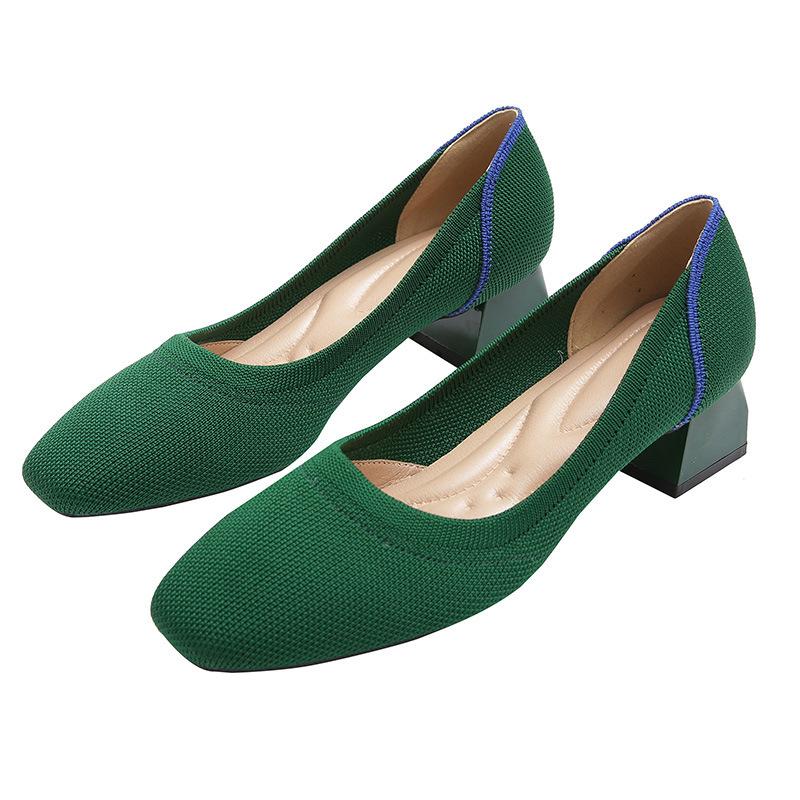 High Heel Square Head Single Shoes Women's Medium Heel Flying Weaving Leopard Print Women's Coarse Heel Comfortable Weaving High Heels
