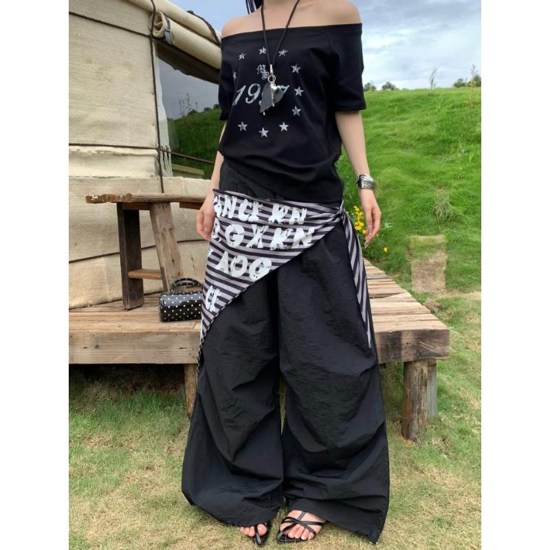 

Street straps stacked pleated paratrooper pants summer retro casual loose design wide leg pants tide 2XL чёрный
