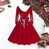 Damen Weihnachtsdruck Midi-Kleid, Langarm V‑Ausschnitt Pelzbesatz A‑Linie Partykleid, Weihnachtliche limitierte Auflage