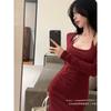 French design sense neck red dress women's autumn waist and thin hips fishtail dress long sleeve temperament long dress