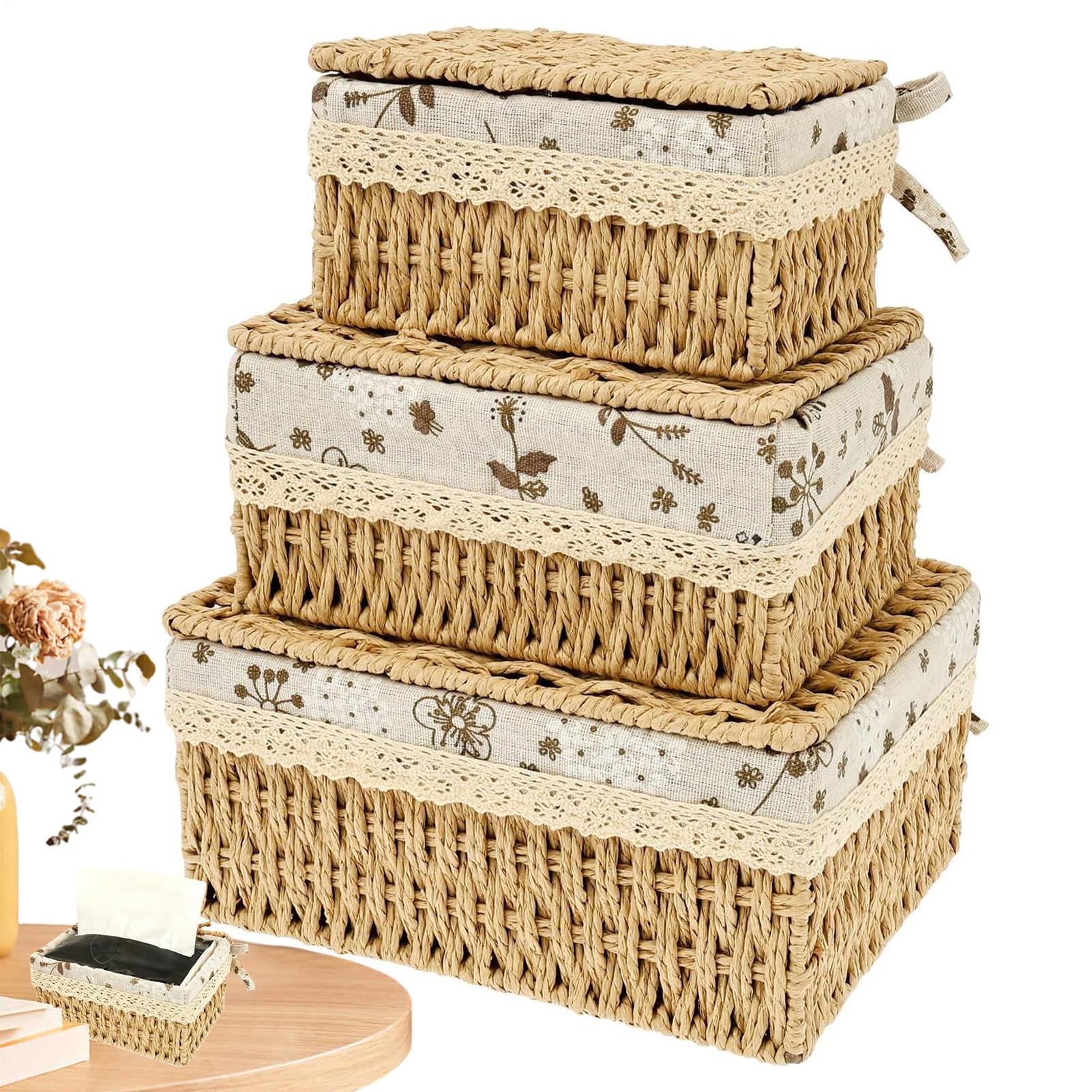 Wicker Storage Basket with Lid Rectangular Storage Basket Decor Storage Boxes Storage Bins Woven Organizer Baskets for Shelf China Mainland