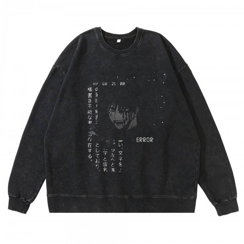 Vintage Washed Dark Anime Print Streetwear Hoodie Men - Retro Urban Sweatshirt With Cotton Lining