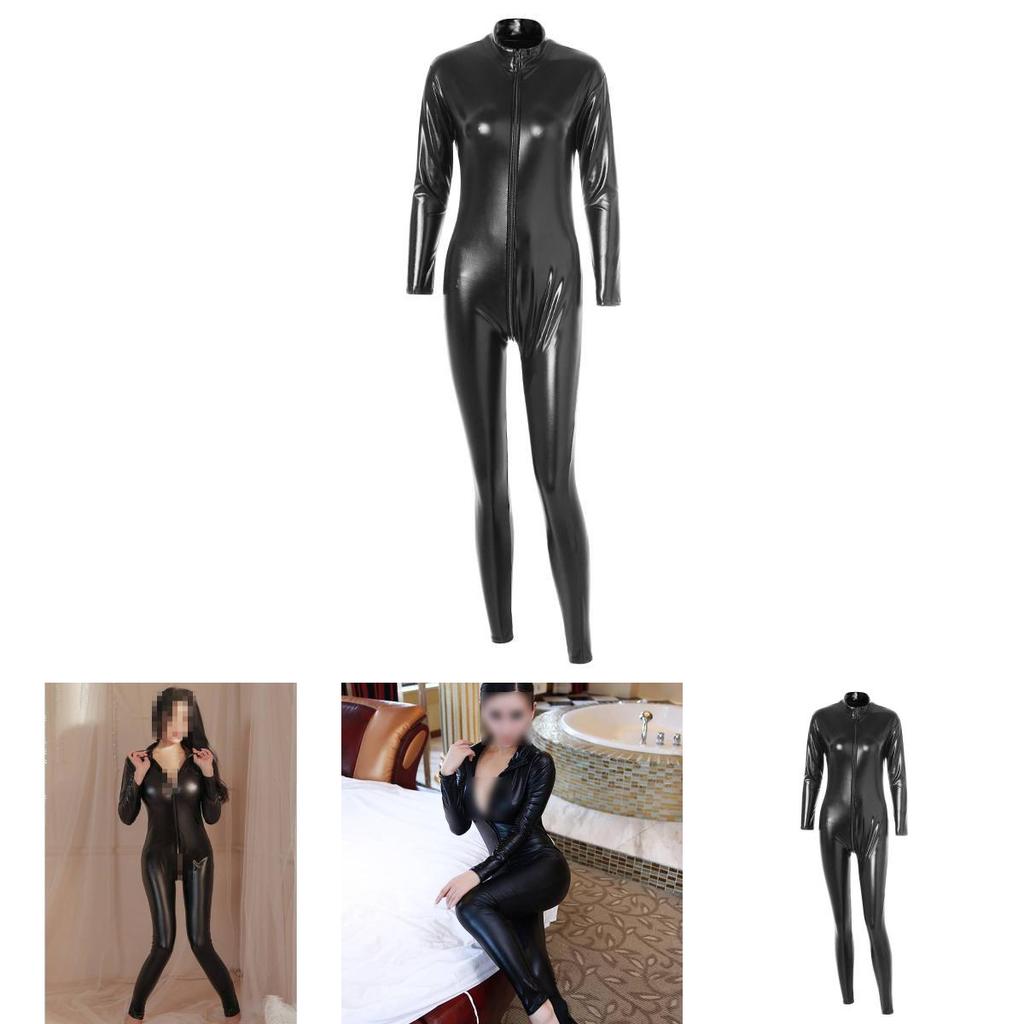 Verlockender schwarzer Ganzkörper-Latex-Body mit langen Ärmeln und Reißverschlussdesign für Rollenspiele und Cosplay