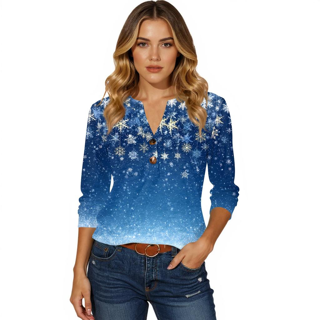 Women's T Shirt Christmas Print Button 3/4 Sleeve Daily Weekend Fashion Basic V- Neck Regular Top
