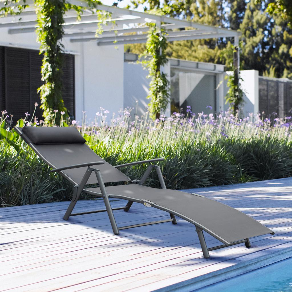 Sun Lounger Steel Frame Outdoor Folding Chaise Texteline Lounge Chair Recliner With Headrest And 7 Levels Adjustable Backrest Grey