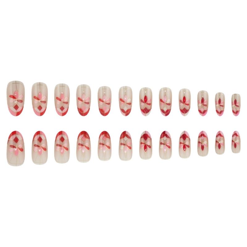 Retro Oval Pink Floral French Gold Edge Press on Nail Full Cover False Nail Manicure For Independence Day Celebrations